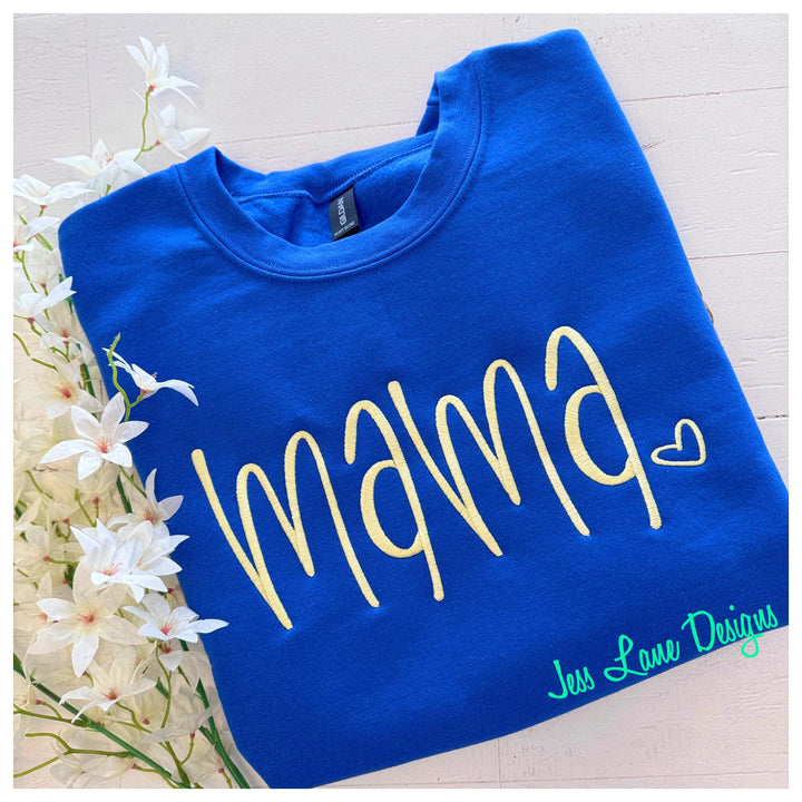 mama embroidered shirt. royal blue and yellow mama.