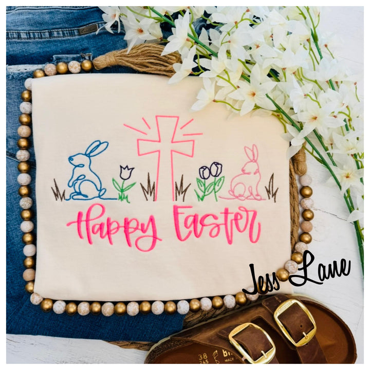Happy Easter Embroidered Shirt – Cross Bunny Flower Doodle Tee, Christian Easter Shirt, Spring Embroidery Shirt, Easter Sunday Outfit, Gift