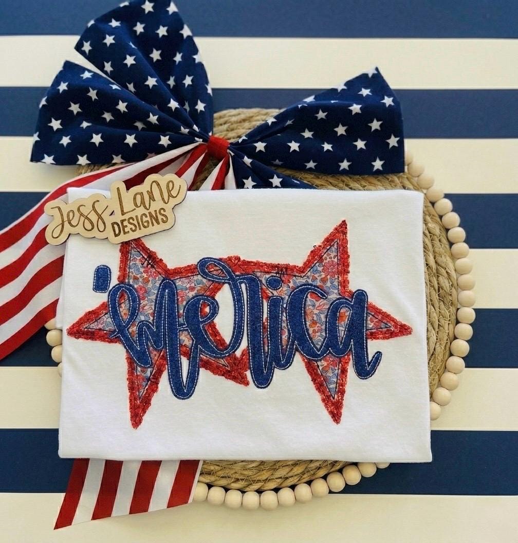 Merica Shirt with Red Sequin Stars – Embroidered Patriotic Shirt – Red White Blue Floral USA Shirt – 4th of July - Patriotic Embroidery
