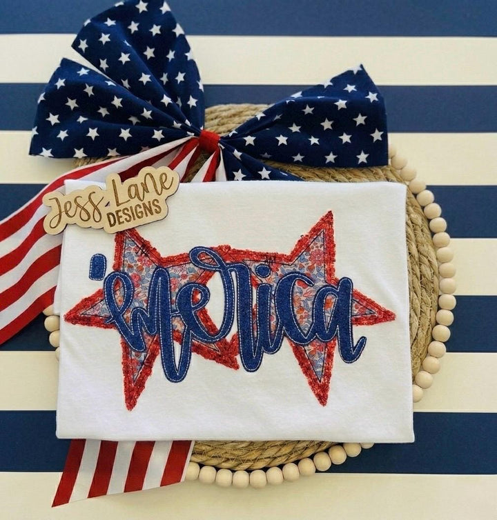 Merica Shirt with Red Sequin Stars – Embroidered Patriotic Shirt – Red White Blue Floral USA Shirt – 4th of July - Patriotic Embroidery