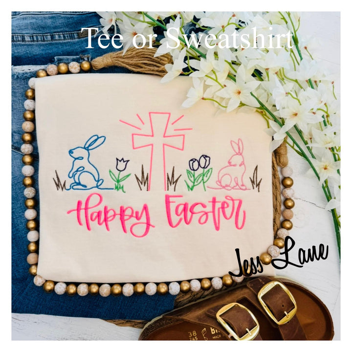 Happy Easter Embroidered Shirt – Cross Bunny Flower Doodle Tee, Christian Easter Shirt, Spring Embroidery Shirt, Easter Sunday Outfit, Gift