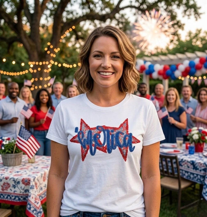 Merica Shirt with Red Sequin Stars – Embroidered Patriotic Shirt – Red White Blue Floral USA Shirt – 4th of July - Patriotic Embroidery