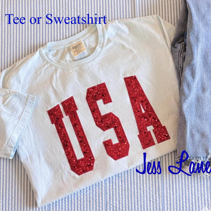 USA Sequin Shirt, Patriotic Embroidered Tee or Sweatshirt, Red Sequin USA Shirt, 4th of July Outfit, Sparkle America Shirt