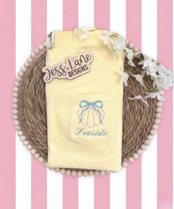 Seaside Embroidered Pocket T-Shirt – Comfort Colors Tee – Seashell with Bow Shirt – Coastal Embroidery – Summer Beach Tee