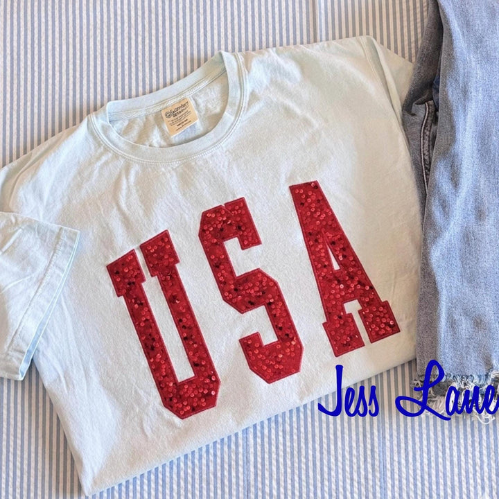 USA Sequin Shirt, Patriotic Embroidered Tee or Sweatshirt, Red Sequin USA Shirt, 4th of July Outfit, Sparkle America Shirt