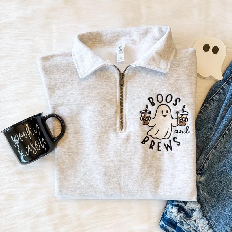 Boo’s and Brews Halloween Quarter Zip | Ghost Coffee Embroidered Pullover
