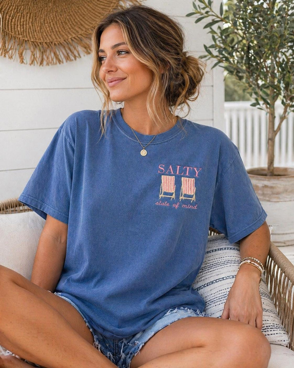 Embroidered Salty State of Mind T-Shirt – Beach Chairs Coastal Summer Tee