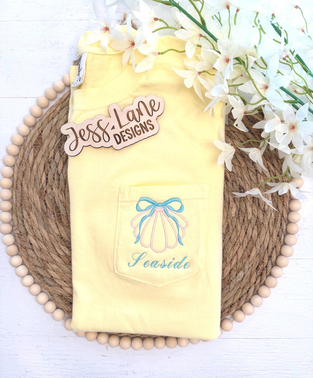 Seaside Embroidered Pocket T-Shirt – Comfort Colors Tee – Seashell with Bow Shirt – Coastal Embroidery – Summer Beach Tee
