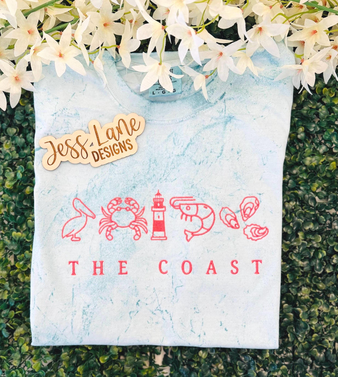 the coast beach icons embroidered tshirt in sea glass color blast comfort colors tshirt