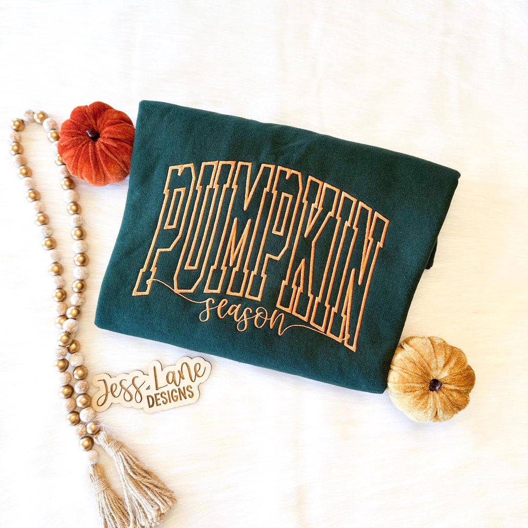 pumpkin season embroidered shirt. forest green.