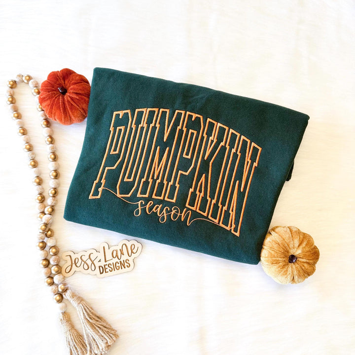 pumpkin season embroidered shirt. forest green.