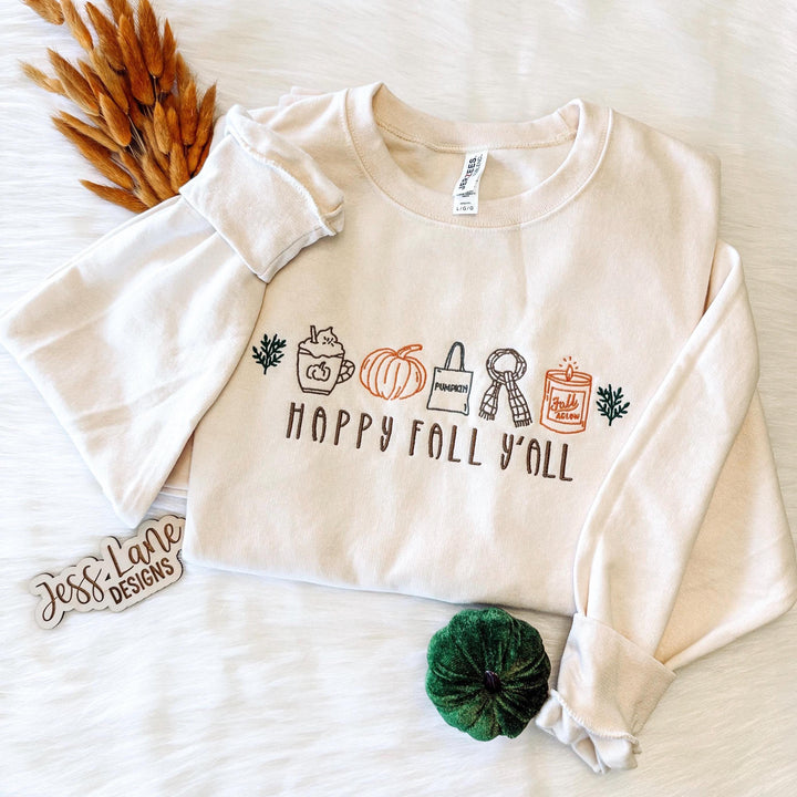 happy fall yall embroidered shirt. embroidered fall icons.