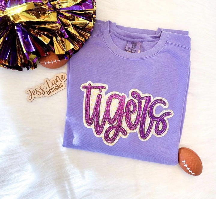 tigers sequin embroidered sweatshirt. purple and gold.