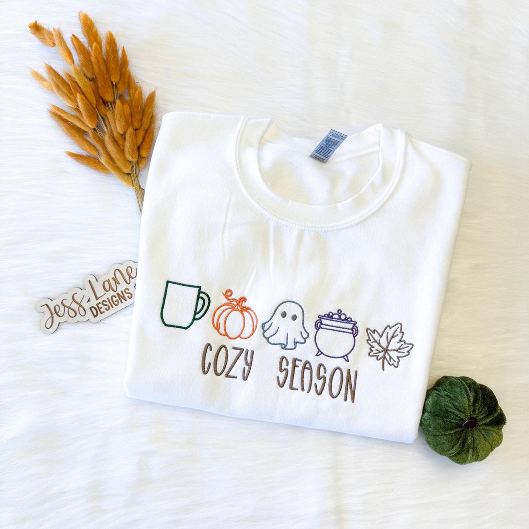 Embroidered Cozy Season Sweatshirt | Fall Icons Stitched Crewneck | Elegant Autumn Pullover | Minimalist Pumpkin Ghost Leaf Shirt
