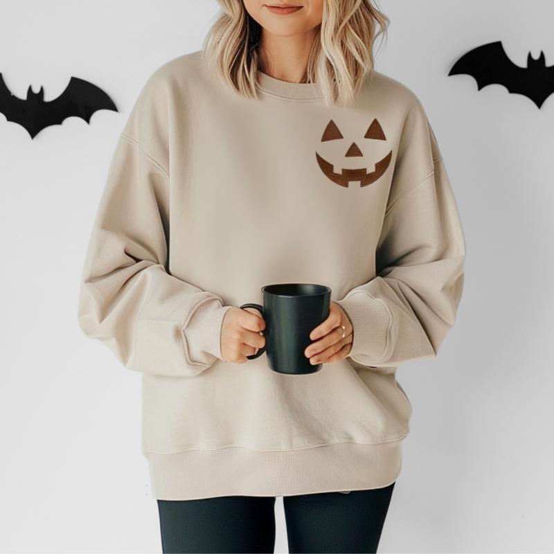 Embroidered Pumpkin Sweatshirt Women Fall Clothing Halloween Crew Neck Pullover Minimalist Pumpkin Graphic Design Cozy Autumn Apparel Neutral Aesthetic Sweatshirt Soft Fleece Pullover Casual Seasonal Wear Comfortable Halloween Outfit Mom