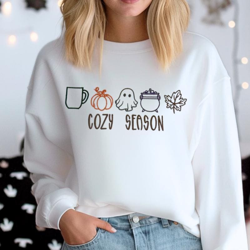 Embroidered Cozy Season Sweatshirt | Fall Icons Stitched Crewneck | Elegant Autumn Pullover | Minimalist Pumpkin Ghost Leaf Shirt
