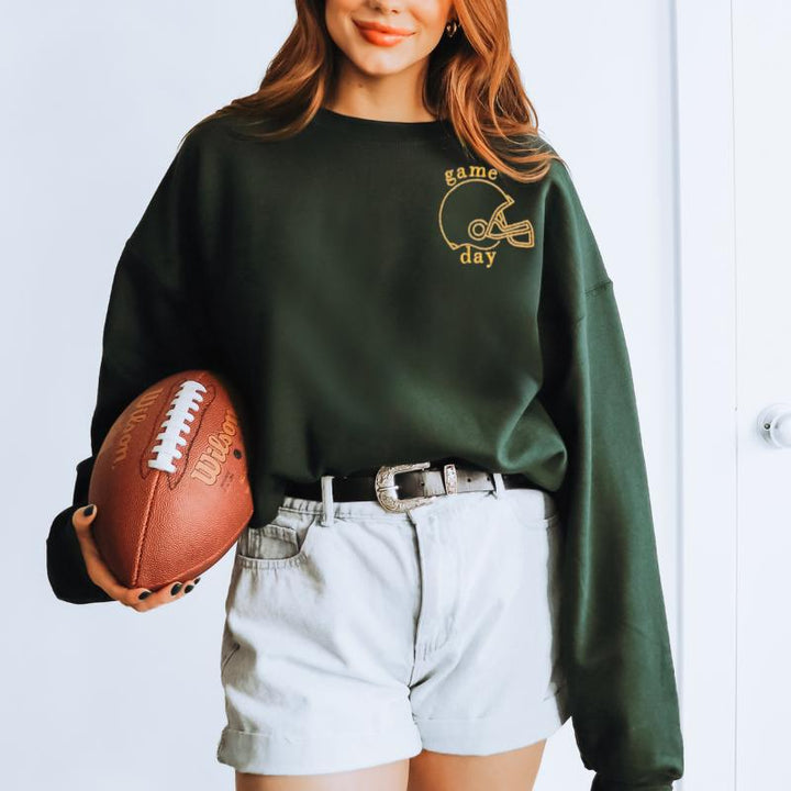 Embroidered Football Sweatshirt Game Day Outfit Perfect Tailgate Crewneck Stadium Wear Helmet Design Left Chest Embroidery Boutique Style Quality Team Spirit Apparel College Football Season Essential Cozy Comfortable Fall Clothing Friday