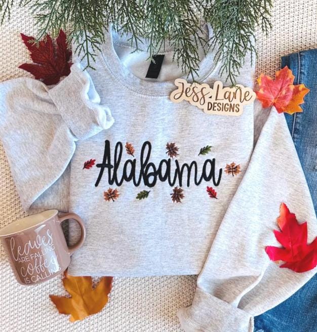 Custom Fall Leaves Embroidered Sweatshirt | Cozy Autumn Crewneck | Personalized State, Team or Name Pullover | Embroidered Gift | Fall Gift