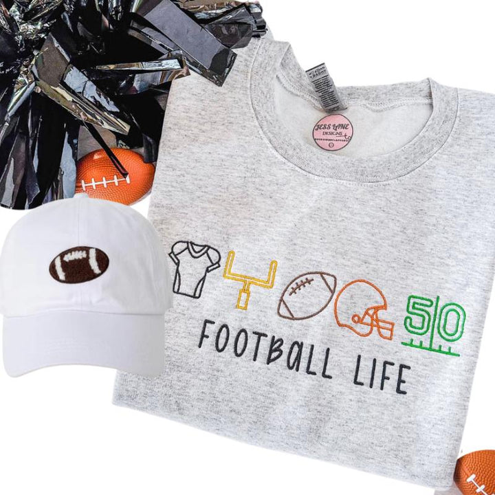 Football Life Embroidered Sweatshirt – Gameday Crewneck with Football Icons – Cozy Fall Top – Comfort Colors – Team Spirit Shirt for Moms