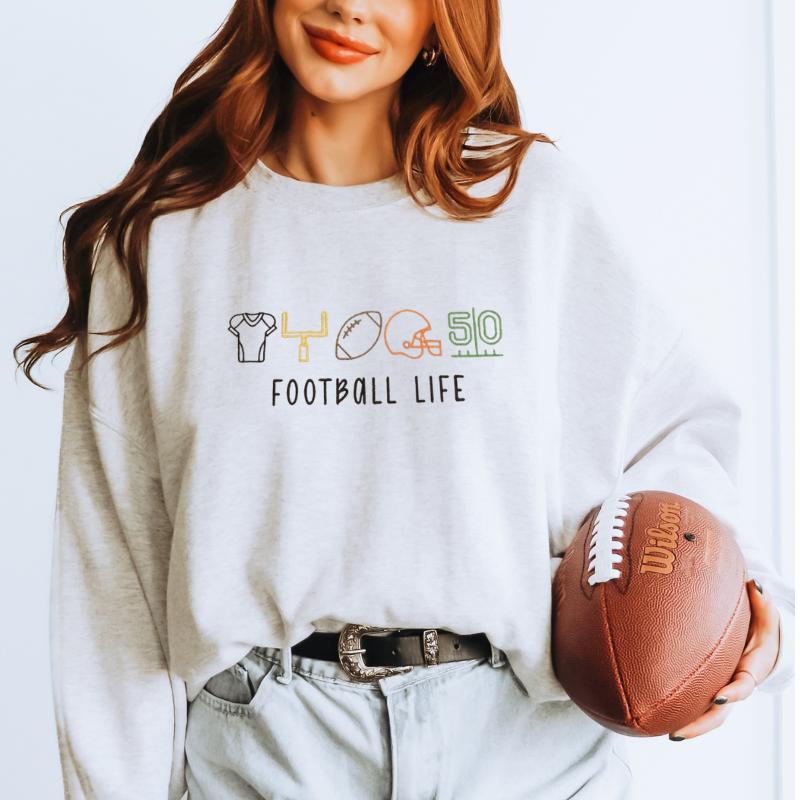 Football Life Embroidered Sweatshirt – Gameday Crewneck with Football Icons – Cozy Fall Top – Comfort Colors – Team Spirit Shirt for Moms