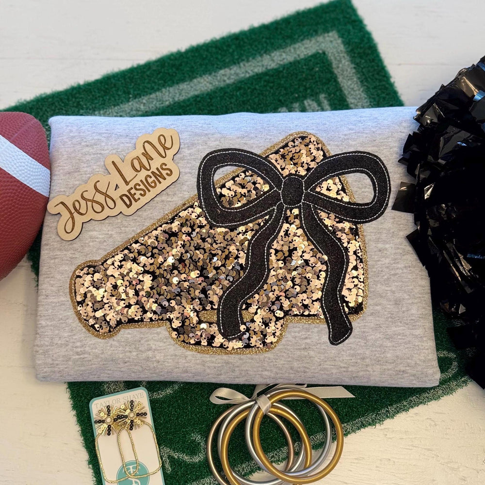 embroidered gold sequins cheer megaphone with black glitter bow shirt