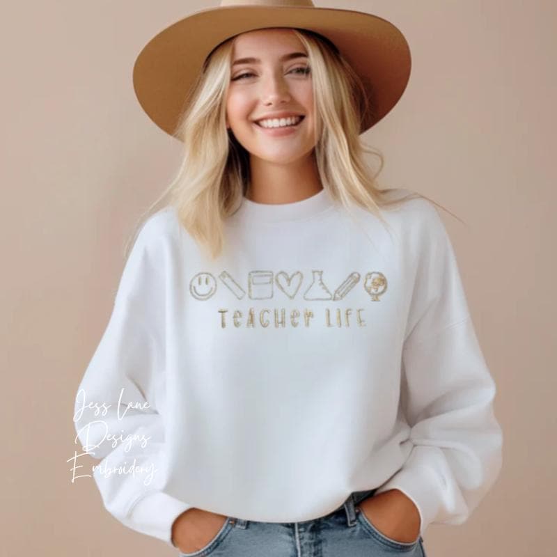Teacher Life Embroidered Sweatshirt | Cute Teacher Crewneck | Teacher Gift | Embroidered Teacher Sweatshirt | Back to School