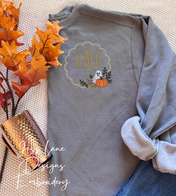 embroidered Halloween monogram. embroidered ghost shirt. Halloween gift.