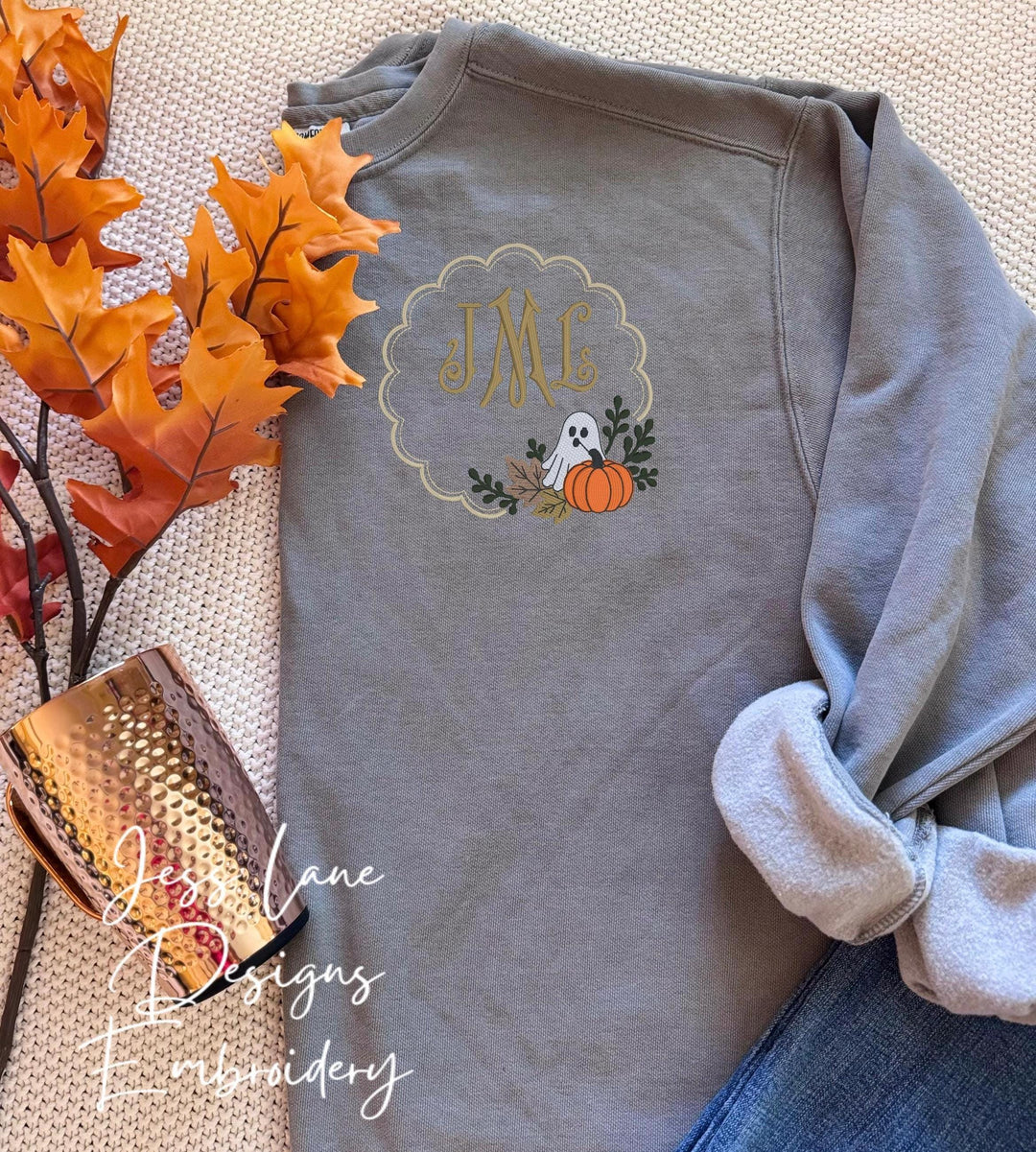 embroidered Halloween monogram. embroidered ghost shirt. Halloween gift.