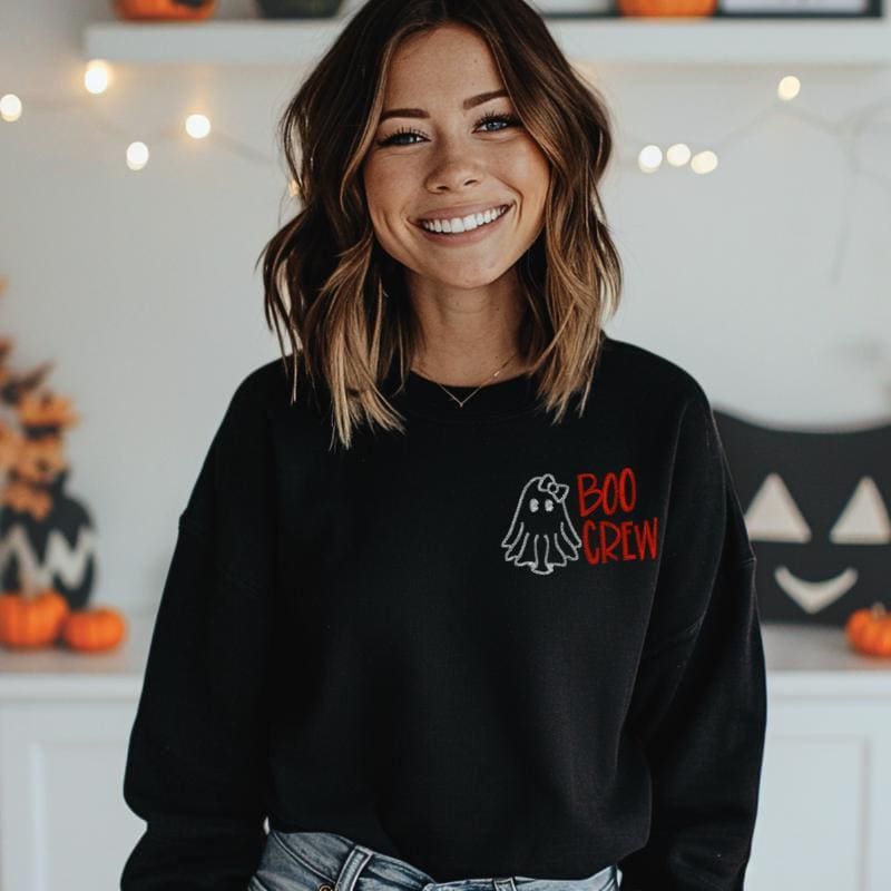 Halloween Sweatshirt Embroidered Ghost Design Boo Crew Graphics Black Crewneck Pullover Comfort Colors Brand Custom Embroidery Details Left Chest Placement Orange Accent Bow Character Spooky Season Ready Perfect Halloween Party Outfit