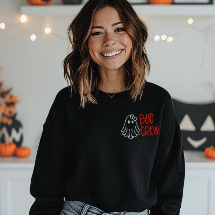 Halloween Sweatshirt Embroidered Ghost Design Boo Crew Graphics Black Crewneck Pullover Comfort Colors Brand Custom Embroidery Details Left Chest Placement Orange Accent Bow Character Spooky Season Ready Perfect Halloween Party Outfit