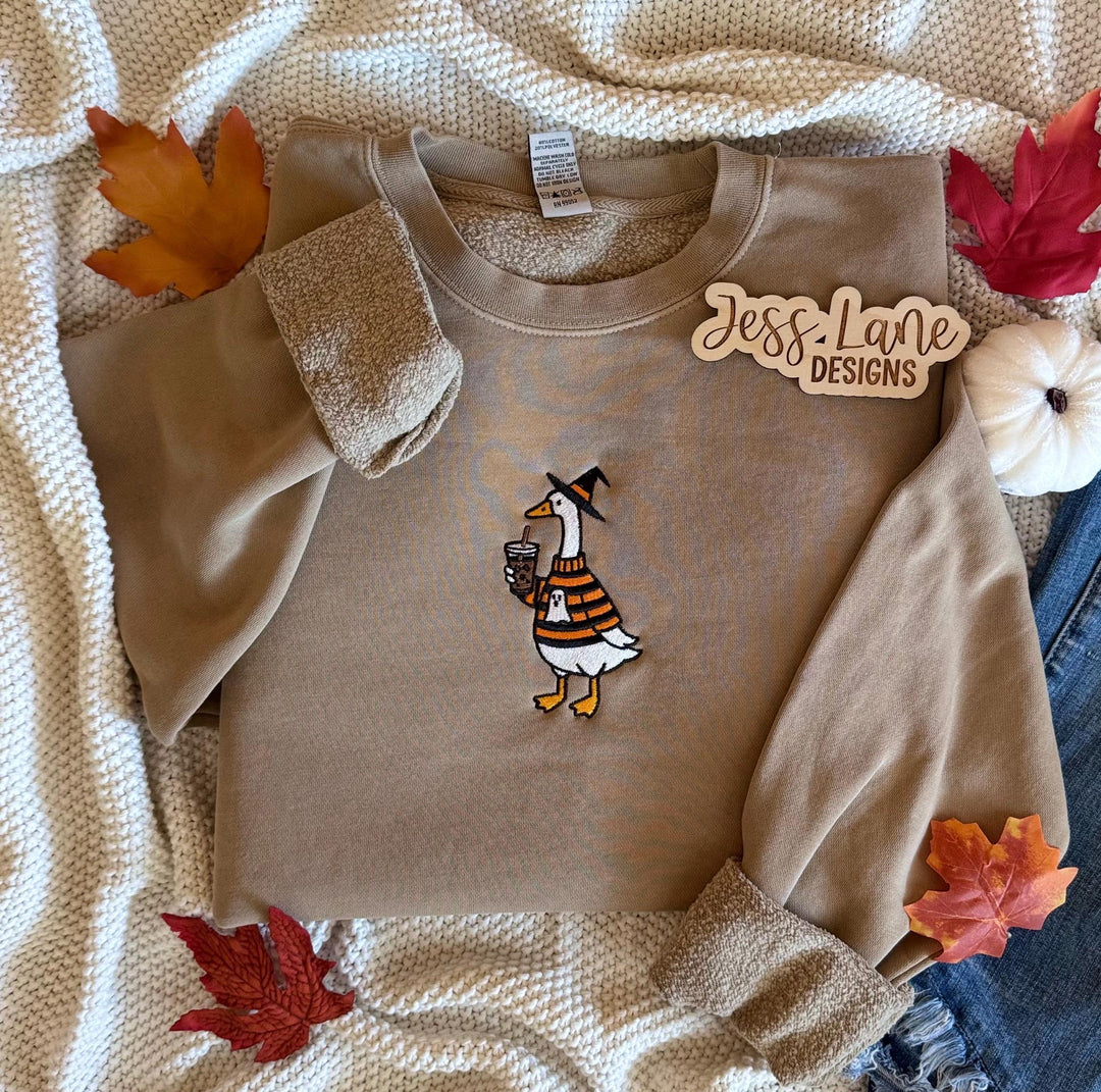 Halloween Goose Sweatshirt Embroidered Pullover Design Cozy Fall Apparel Women Funny Spooky Season Shirt Pumpkin Ghost Autumn Details Festive Seasonal Motifs Perfect Halloween Party Outfit Casual Comfort Wear Premium Quality Crewneck Style