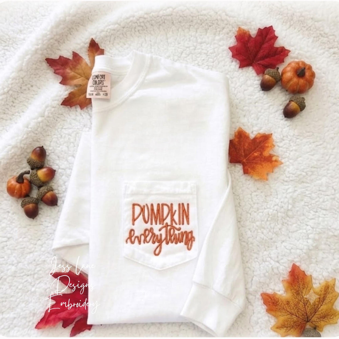 Embroidered Fall Pocket Shirt, Cozy Pumpkin Apparel, Cute Thanksgiving Gift, Trendy October Crewneck, Warm Seasonal Lounge Tops