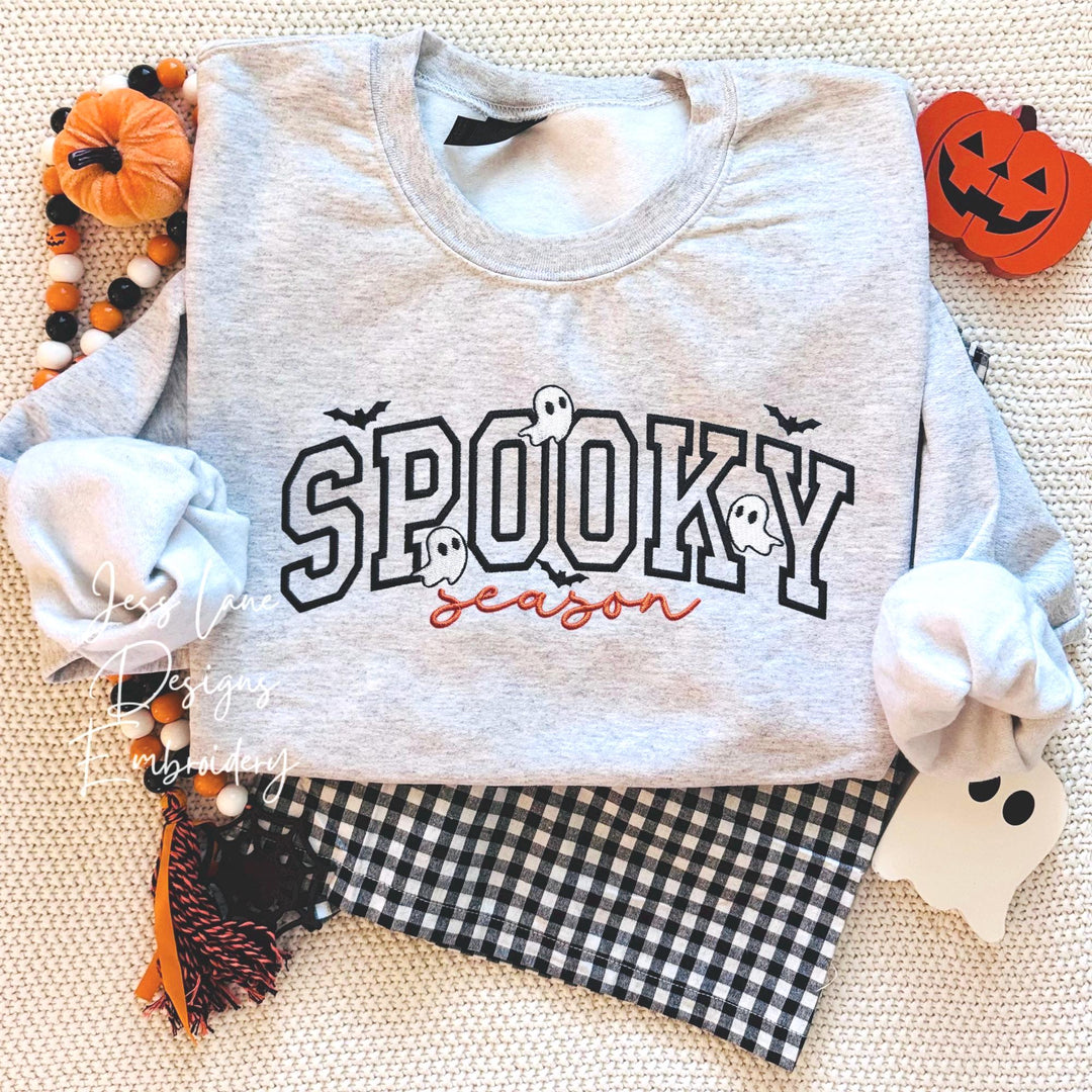 Halloween Sweatshirt Women Embroidered Clothing Spooky Season Ghost Design Bat Graphic Crewneck Pullover Fall Outfit Casual Wear October Apparel Gray Sweater Gildan Brand Quality Cozy Comfort Style Autumn Fashion Essential Halloween Party