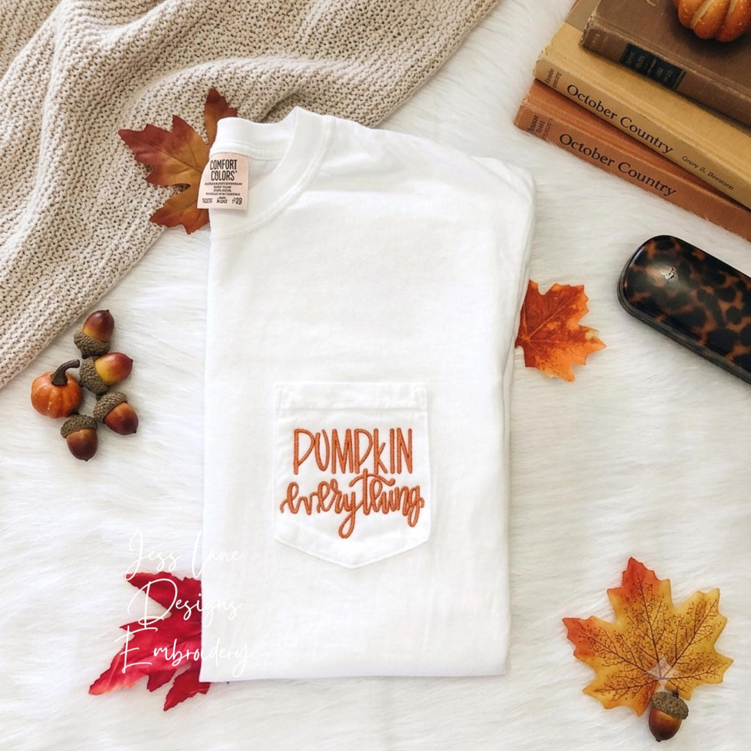 Embroidered Pumpkin Pocket Tee, Halloween Gift for Mom, Comfy Autumn Shirt, Casual Fall Outfit, Everyday Festive Wardrobe Clothing
