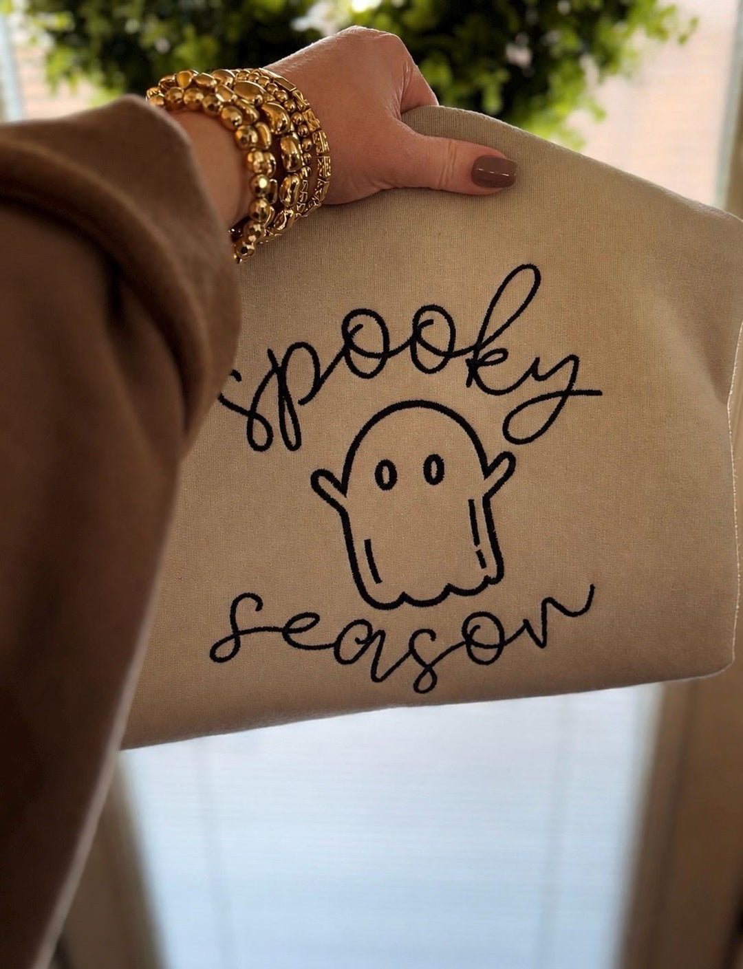 Ghost Embroidered Sweatshirt, Spooky Season Crewneck, Women Autumn Party Outfit, Halloween Gift for Sister, Cozy Fall Fleece Top