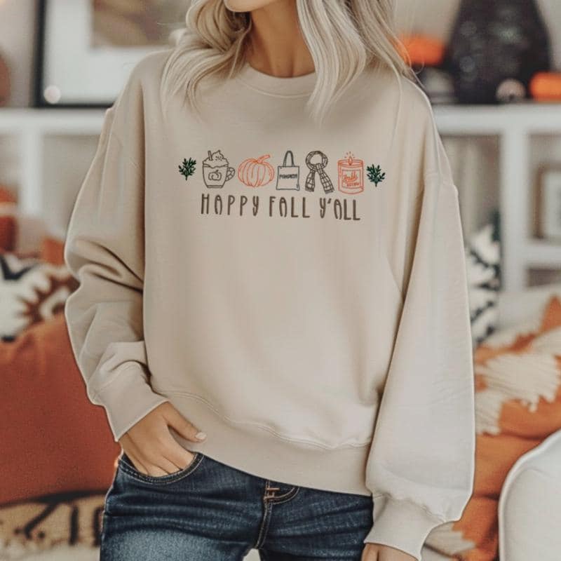 Embroidered Happy Fall Yall Sweatshirt, Pumpkin Coffee Candle Crewneck, Soft Comfy Fall Clothing For Women, Cozy Autumn Pumpkin Patch Gift