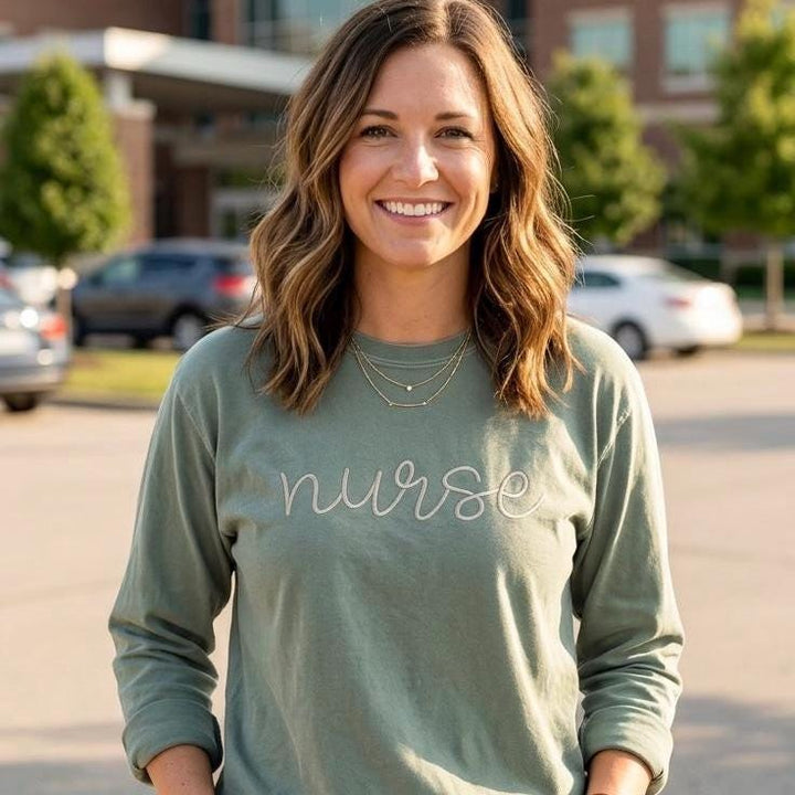 Mama Teacher Nurse Embroidered Shirt, Cozy Fall Comfort Colors Tee, Women Script Long Sleeve, Custom Profession Gift, Oversized Autumn Top