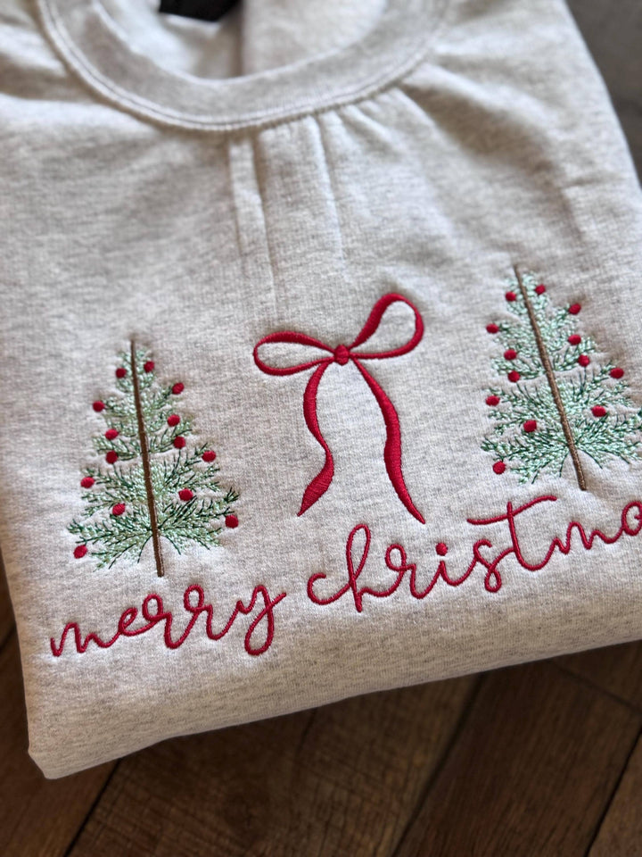 Christmas Embroidered Sweatshirt, Holiday Crewneck Pullover, Women Festive Tree Sweater, Merry Winter Top, Casual Seasonal Gift Xmas