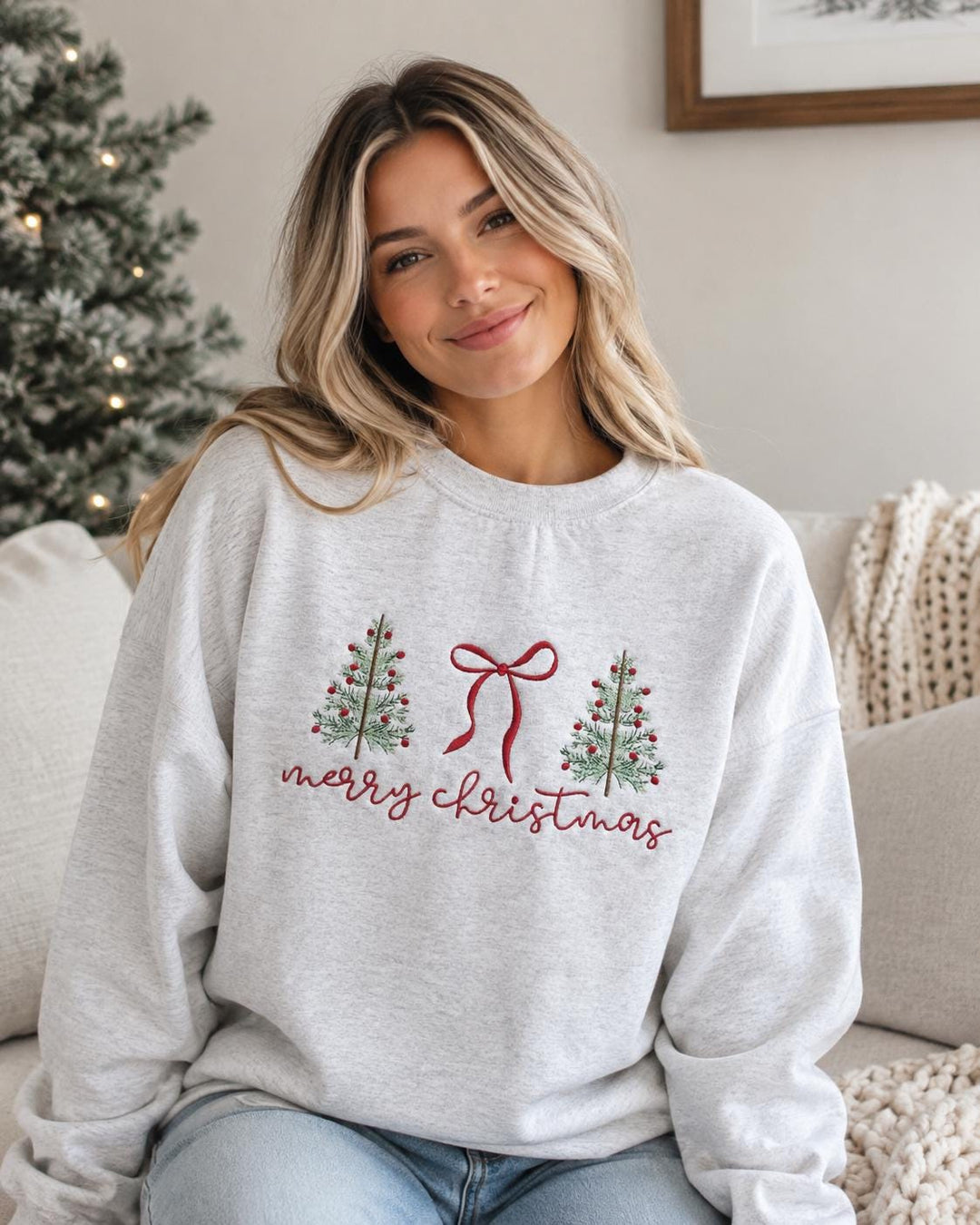 Christmas Embroidered Sweatshirt, Holiday Crewneck Pullover, Women Festive Tree Sweater, Merry Winter Top, Casual Seasonal Gift Xmas