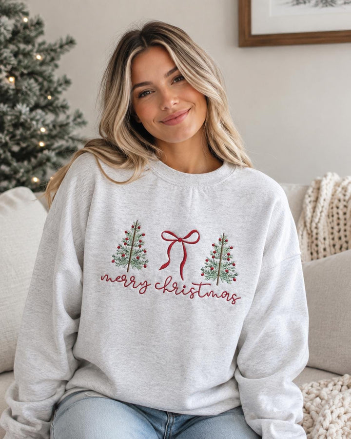 Christmas Embroidered Sweatshirt, Holiday Crewneck Pullover, Women Festive Tree Sweater, Merry Winter Top, Casual Seasonal Gift Xmas