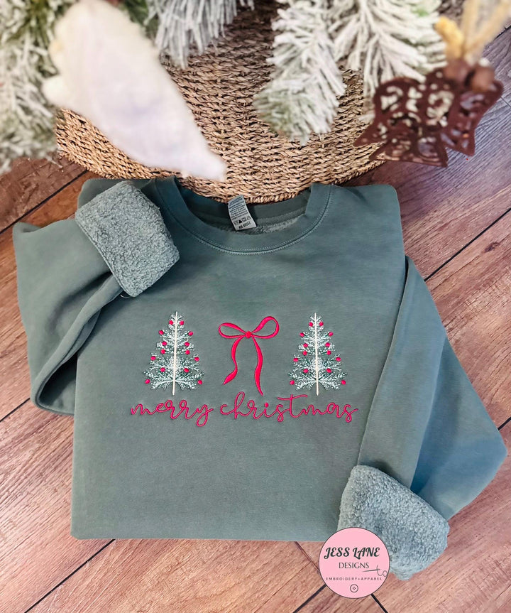 alpine green embroidered sweatshirt with two Christmas trees, a bow, and merry Christmas text