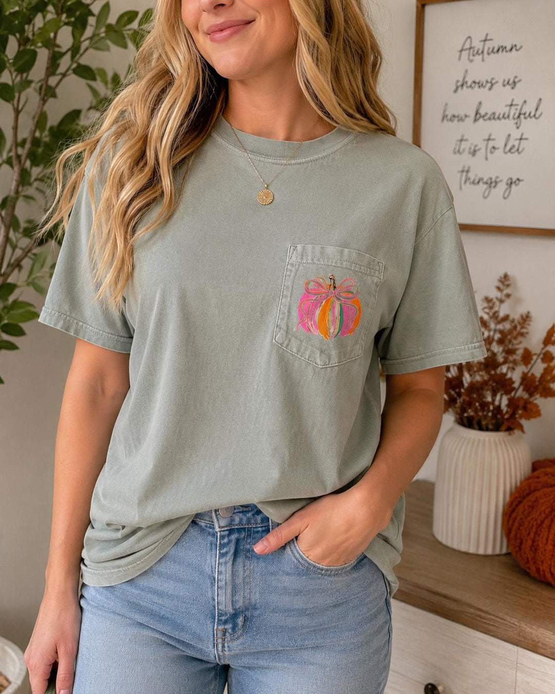 Pumpkin Pocket Tee, Coquette Fall Shirt with Bow, Preppy Autumn Graphic T-Shirt, Comfort Colors Fall Shirt For Women, Thanksgiving Outfit