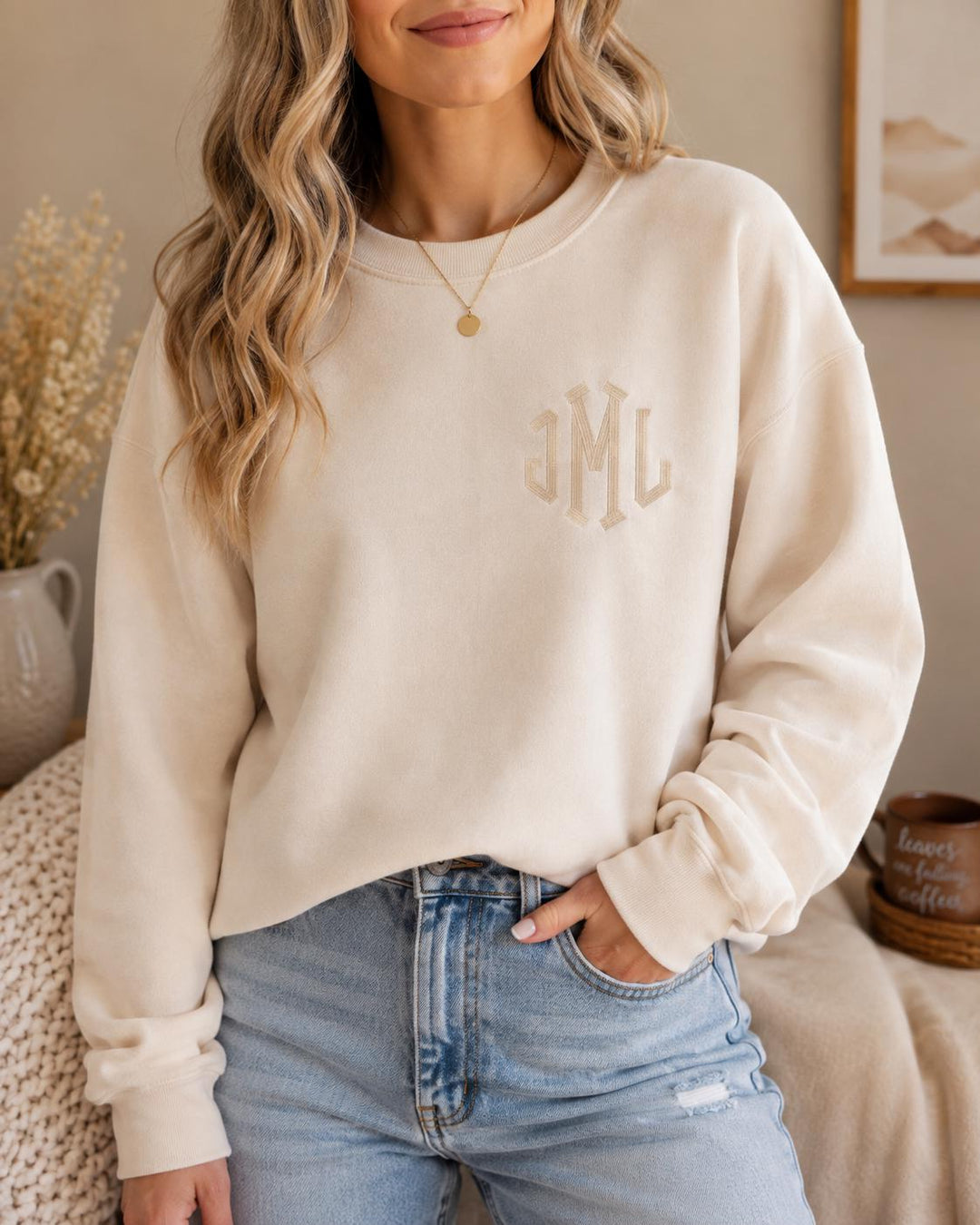 Monogrammed Sweatshirt for Women, Left Chest Initial Crewneck, Personalized Embroidered Sweater, Neutral Everyday Pullover, Gift for Her