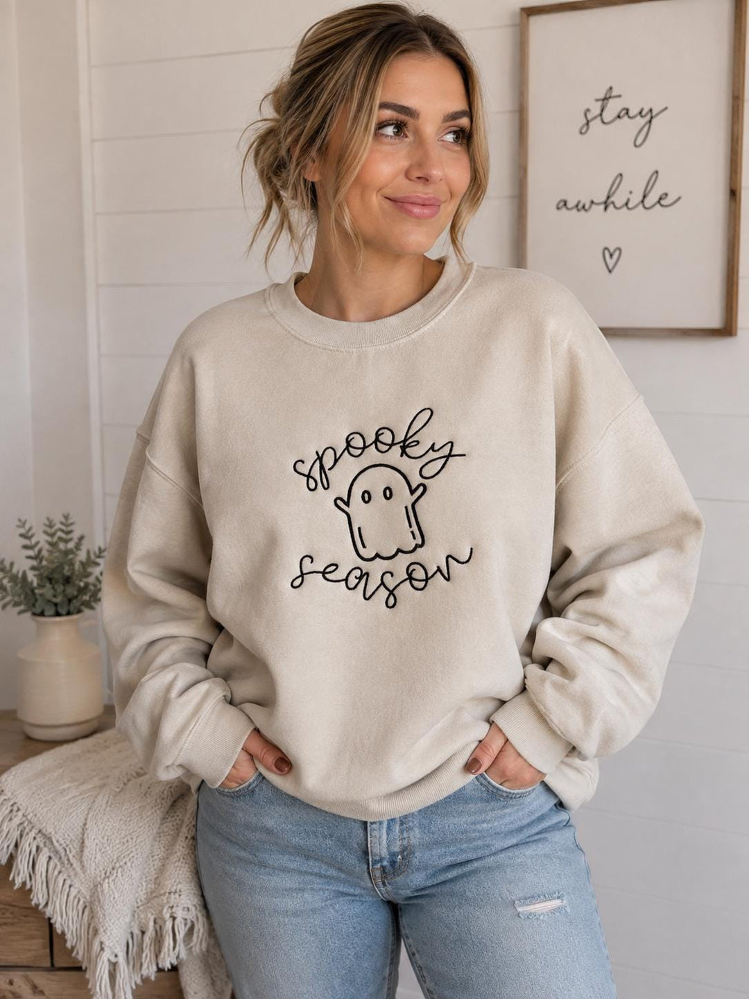 Ghost Embroidered Sweatshirt, Spooky Season Crewneck, Women Autumn Party Outfit, Halloween Gift for Sister, Cozy Fall Fleece Top