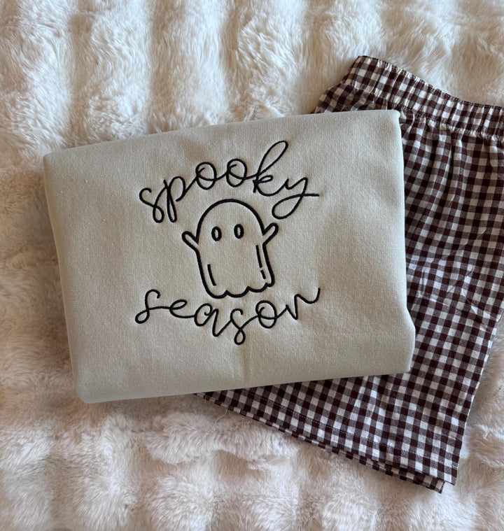 Spooky Season Sweatshirt For Women, Embroidered Halloween Shirt, Comfy Ghost Sweater, Autumn Party Apparel, Cozy Fall Crewneck Gift for Her