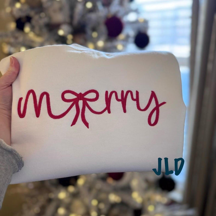 Christmas Bow Sweatshirt, Embroidered Merry Christmas Crewneck for Women, Holiday Party Shirt