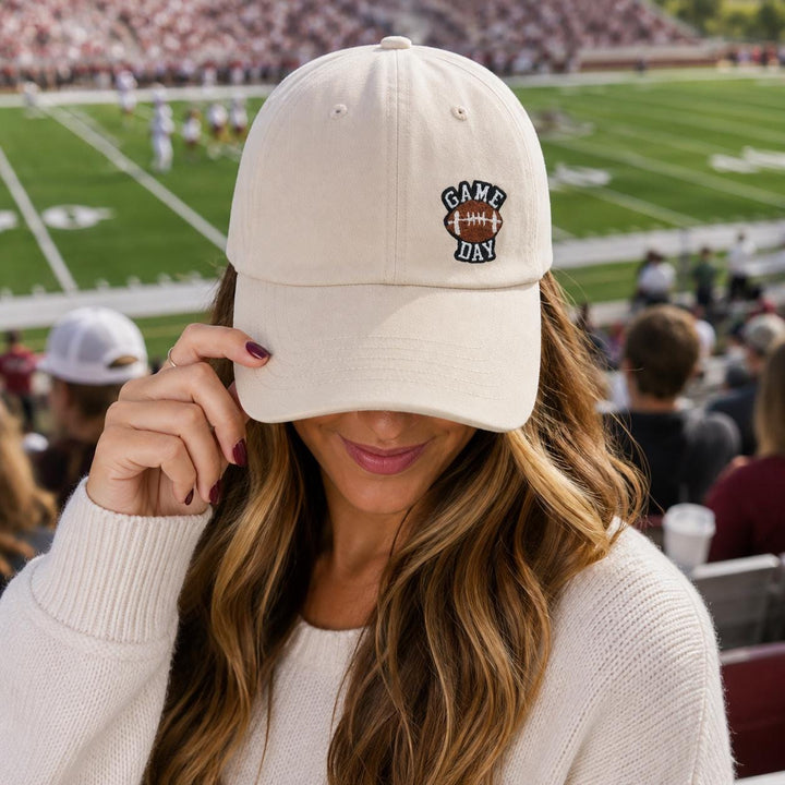 Off Center Chenille Patch Game Day & Football Baseball Cap – Adjustable Cotton Hat | Gameday Tailgate Outfit Accessory
