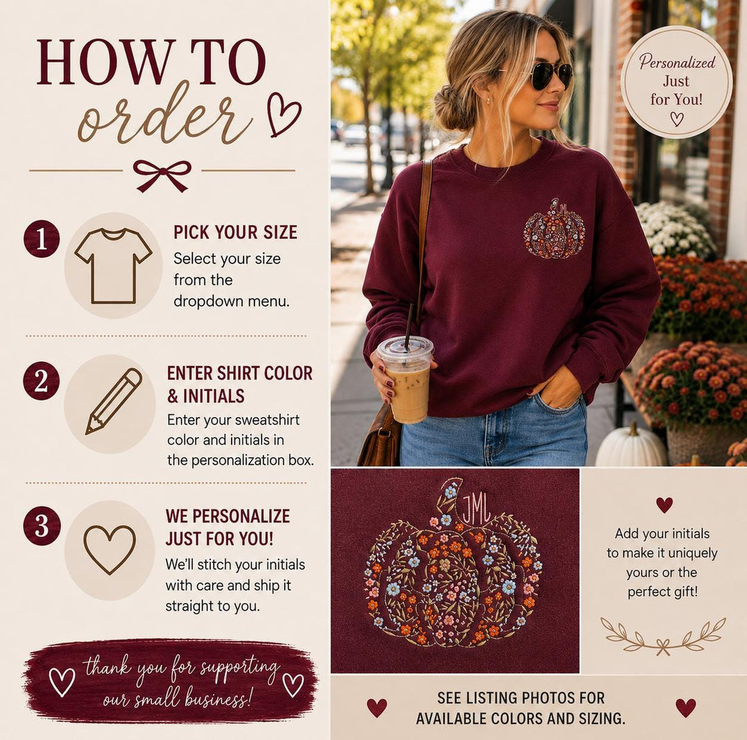 Floral Pumpkin Monogram Sweatshirt, Personalized Fall Crewneck, Embroidered Autumn Pullover for Women