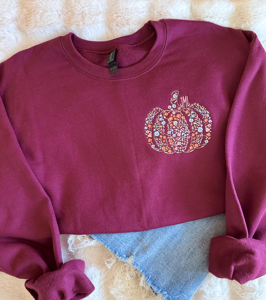 Floral Pumpkin Monogram Sweatshirt, Personalized Fall Crewneck, Embroidered Autumn Pullover for Women