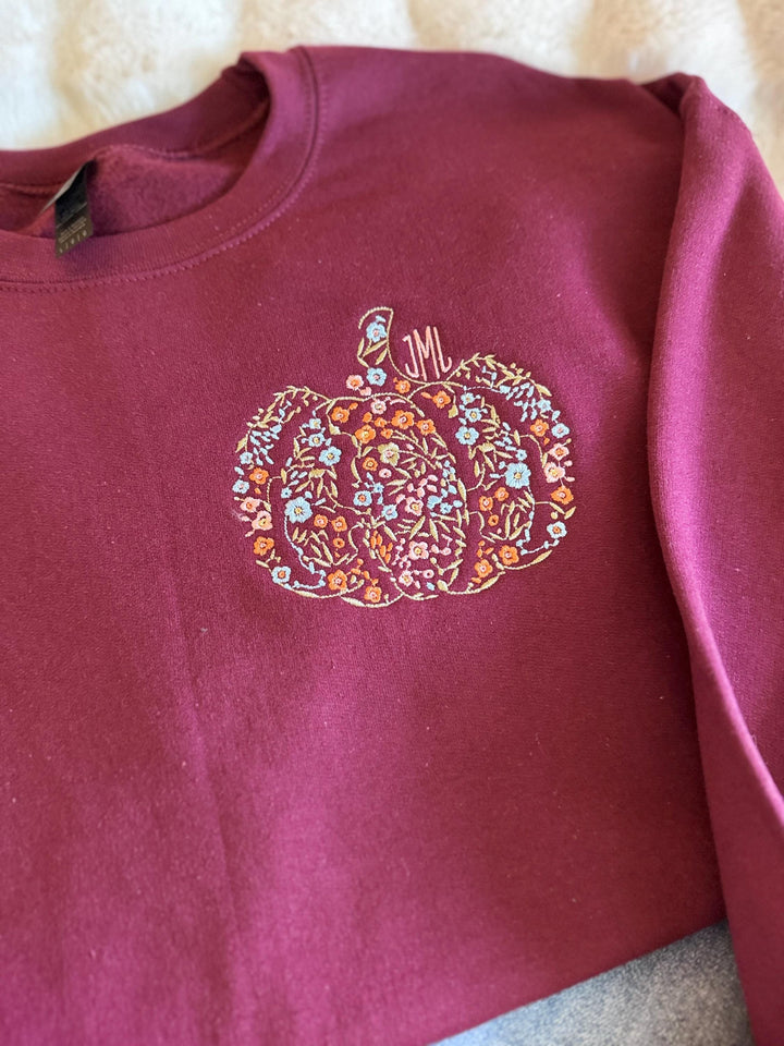 Floral Pumpkin Monogram Sweatshirt, Personalized Fall Crewneck, Embroidered Autumn Pullover for Women